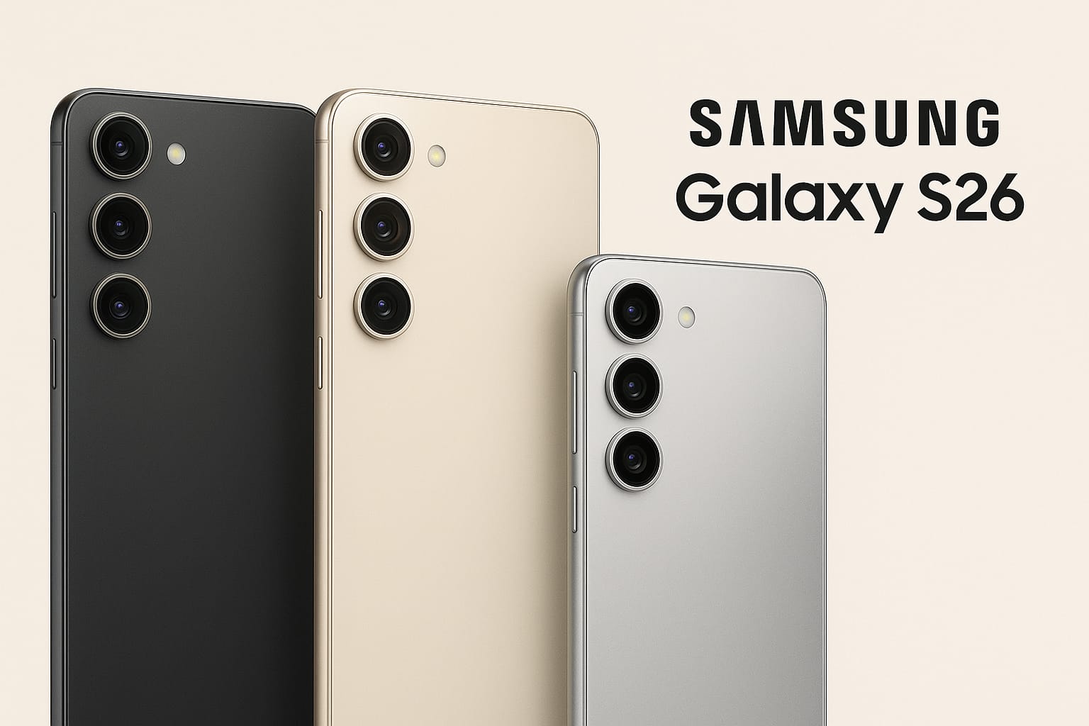 Samsung Galaxy S26 lineup with circular camera rings and minimalist rear panel design.”