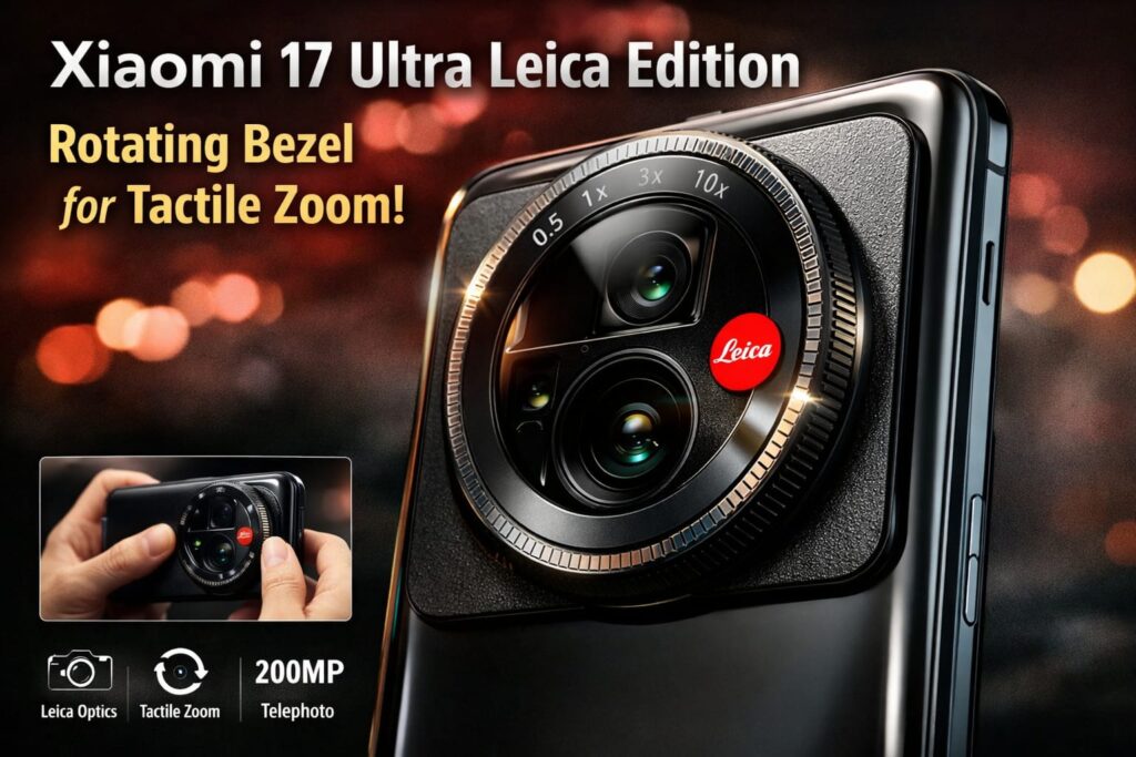 “Xiaomi 17 Ultra Leica Edition smartphone featuring a Leica-branded rotating camera bezel for tactile zoom, shown in a close-up view highlighting the premium camera module and red Leica logo.”