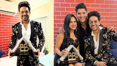 "Bigg Boss 19 winner Gaurav Khanna posing with wife Akanksha Chamola and friend Mridul Tiwari holding the trophy."