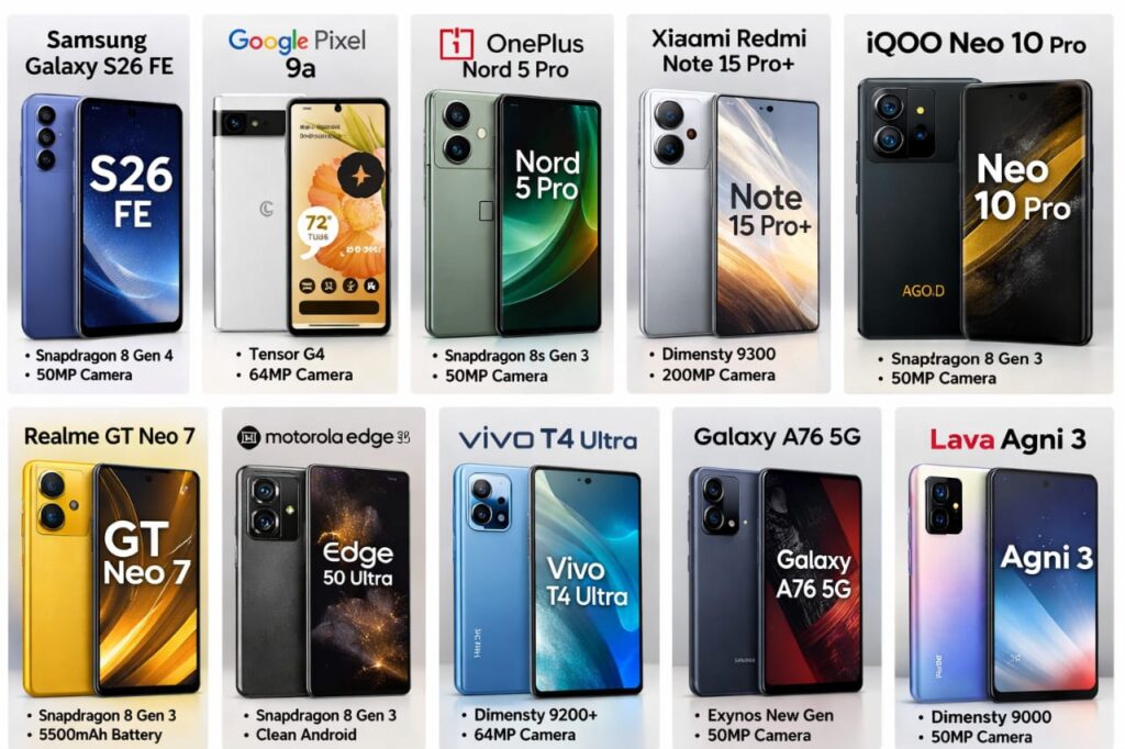 Top 10 Android phones in 2026 under budget comparison image with latest Android 16 smartphones