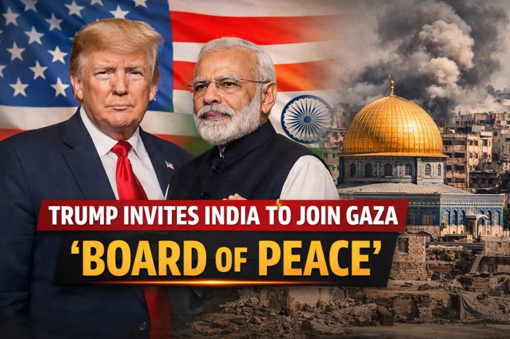 Trump and Indian Prime Minister Narendra Modi with Gaza background representing the Board of Peace initiative for post-war reconstruction
